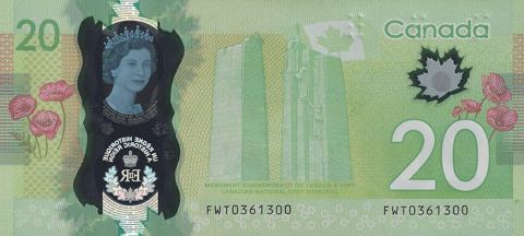 Reverso billete de 20 Dólares Canadienses
