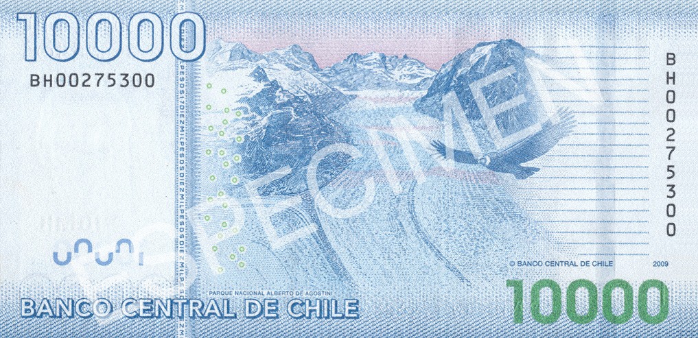 Reverso billete de 10,000 Pesos Chilenos