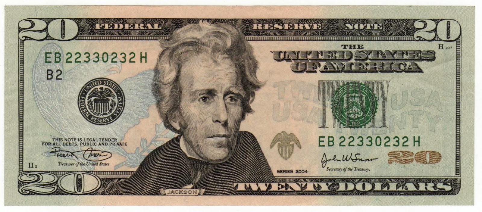 Anverso billete de 20 Dólares Americanos
