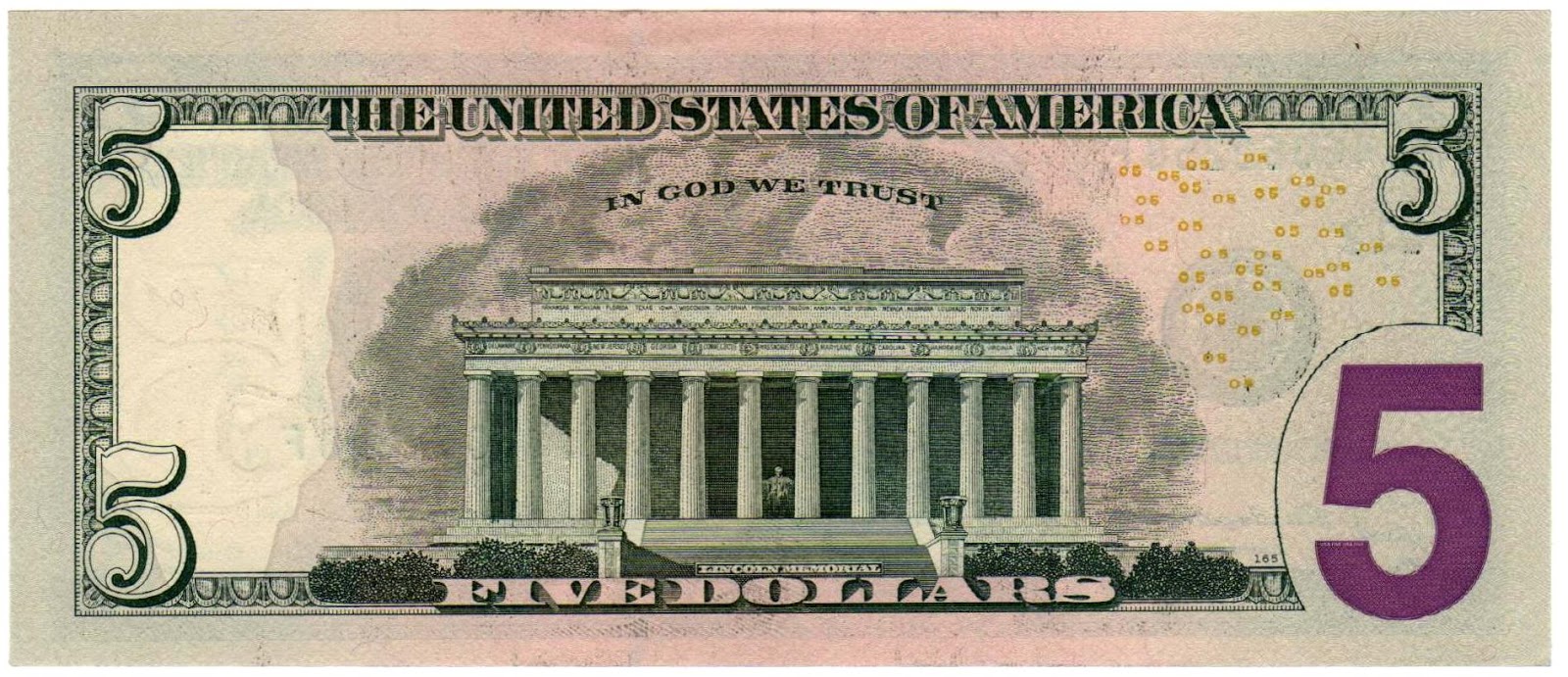 Reverso billete de 5 Dólares Americanos