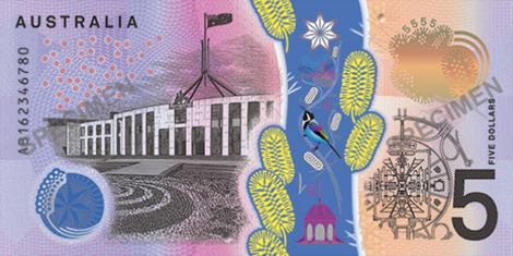 Reverso billete de 5 Dólares Australianos