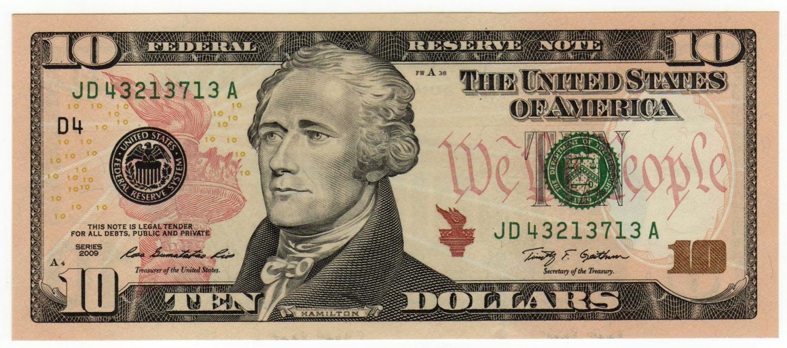 Anverso billete de 10 Dólares Americanos