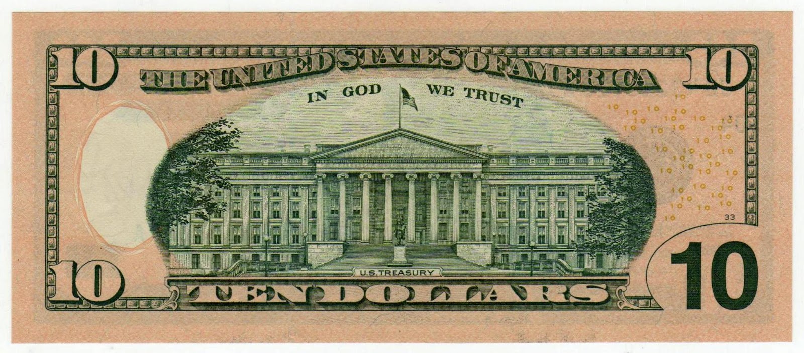 Reverso billete de 10 Dólares Americanos