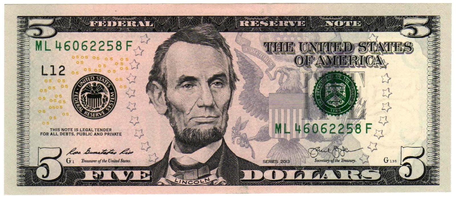 Anverso billete de 5 Dólares Americanos